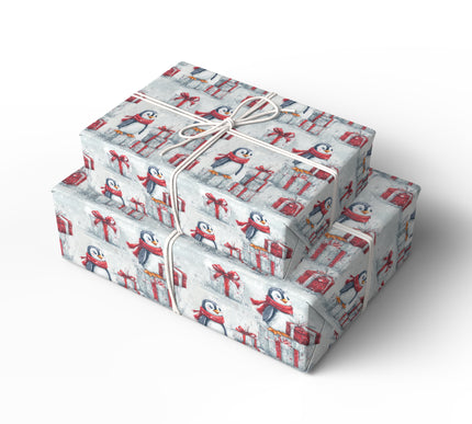 NorthPole Penguin – Cute Penguin Christmas Wrapping Paper with Red Scarf and Presents