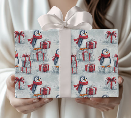 NorthPole Penguin – Cute Penguin Christmas Wrapping Paper with Red Scarf and Presents