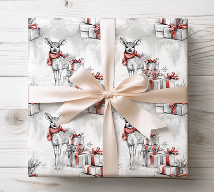 Adorable and festive, Winterlight Fawn showcases baby deer with red scarves and presents. A perfect holiday wrap for animal lovers and children. 
