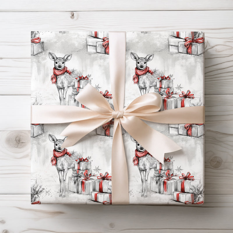 Winterlight Fawn – Baby Deer With Red Scarf and Holiday Presents Christmas Wrapping Paper