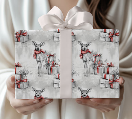 Winterlight Fawn – Baby Deer With Red Scarf and Holiday Presents Christmas Wrapping Paper
