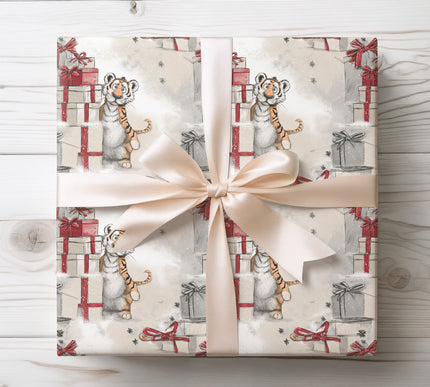 Celebrate with Stripeglow, showing a tiger cub beside holiday presents. A whimsical and cute wrapping paper for festive gift giving. 