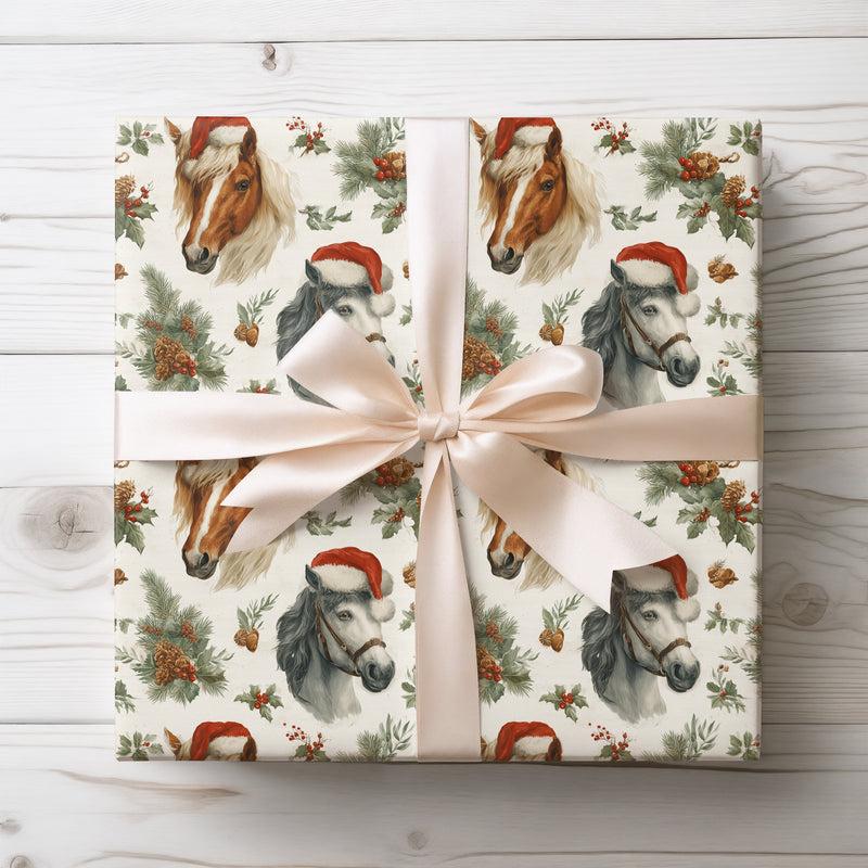 Wintermane Ponies – Horses with Santa Hats & Holly Festive Wrapping Paper