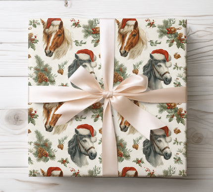 Delight horse lovers with Wintermane Ponies, featuring ponies in Santa hats with holly accents. A joyful equestrian-inspired Christmas gift wrap. 