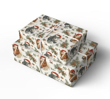 Wintermane Ponies – Horses with Santa Hats & Holly Festive Wrapping Paper