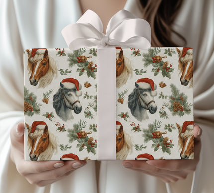 Wintermane Ponies – Horses with Santa Hats & Holly Festive Wrapping Paper