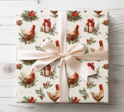 Cozy and rustic, Yuletide Roost features chickens in festive holiday style. A charming farmhouse design for Christmas gift wrapping. 