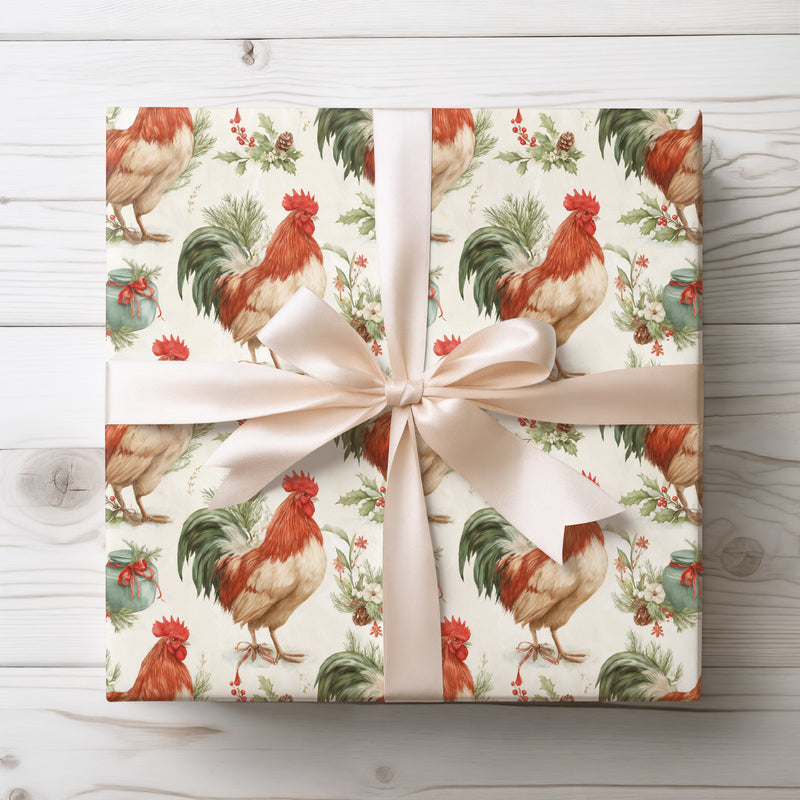 Holiday Rooster – Farmhouse Christmas Wrapping Paper