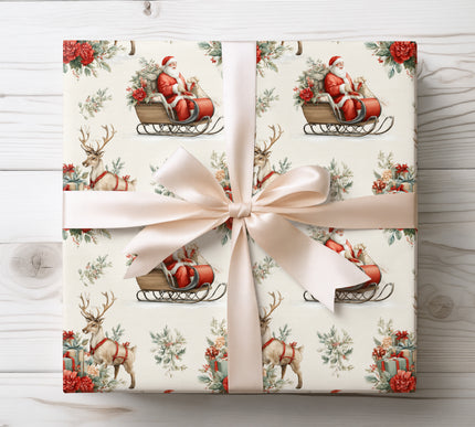 Crimson Sleighride – Santa & Reindeer Floral Christmas Wrapping Paper