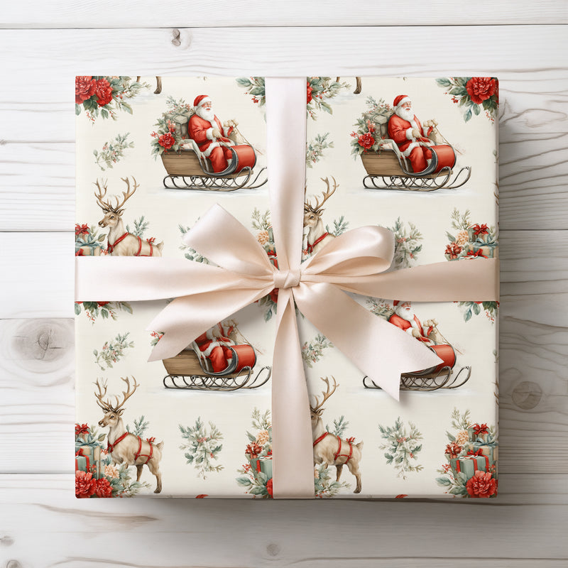 Crimson Sleighride – Santa & Reindeer Floral Christmas Wrapping Paper