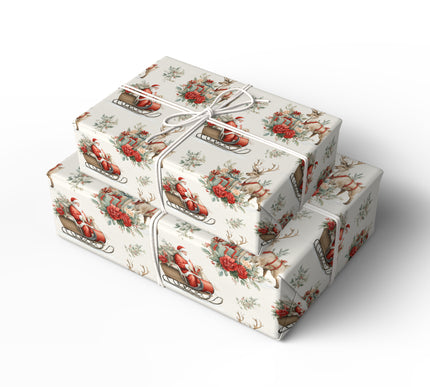 Crimson Sleighride – Santa & Reindeer Floral Christmas Wrapping Paper