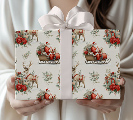 Crimson Sleighride – Santa & Reindeer Floral Christmas Wrapping Paper