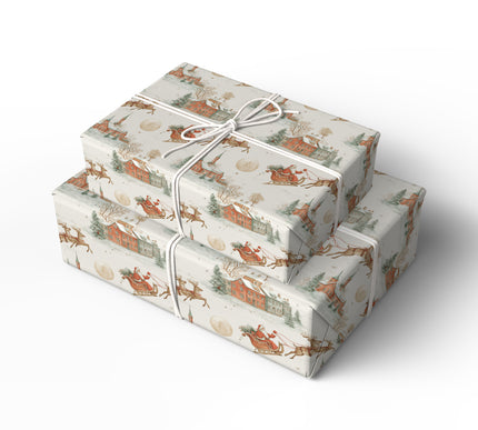 Frosthaven Village – Vintage Santa Sleigh & Reindeer Christmas Wrapping Paper