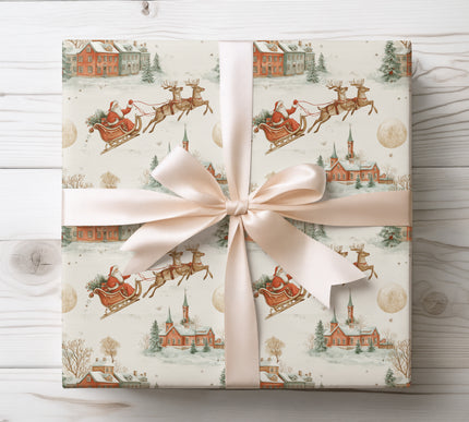 Frosthaven Village – Vintage Santa Sleigh & Reindeer Christmas Wrapping Paper