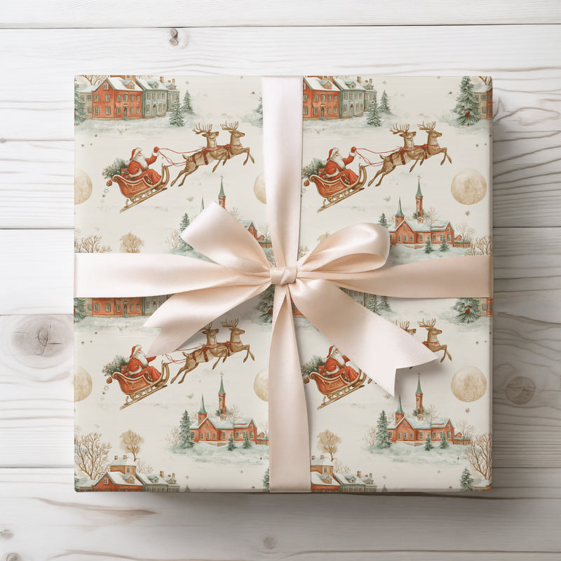 Frosthaven Village – Vintage Santa Sleigh & Reindeer Christmas Wrapping Paper