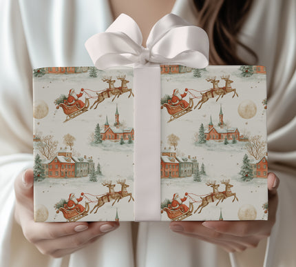 Frosthaven Village – Vintage Santa Sleigh & Reindeer Christmas Wrapping Paper