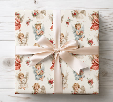 Add heavenly elegance with CelestiaJoy, featuring vintage angels. A timeless Christmas wrapping paper for traditional and spiritual celebrations. 