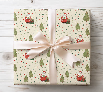 Playful and bright, JollyDots features Santa with Christmas trees. A festive wrapping paper for kids’ gifts and holiday celebrations. 