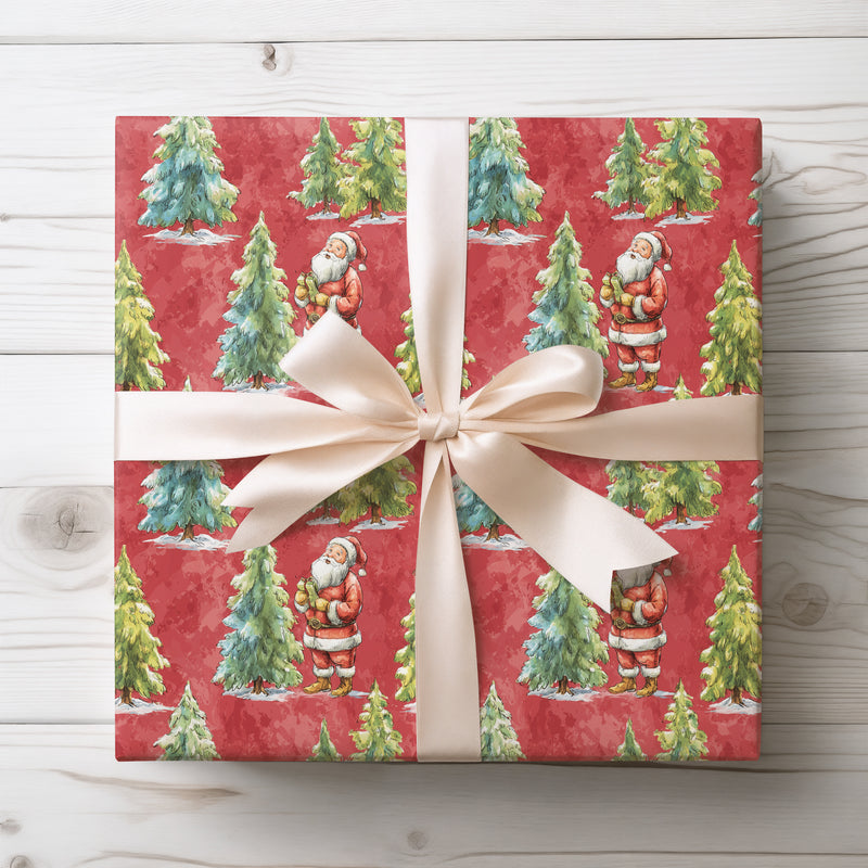 Evergreen Santa – Red Background Christmas Wrapping Paper