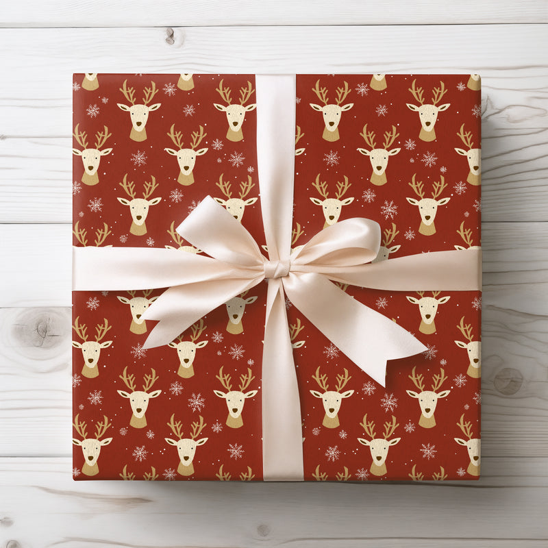 Crimson Antlers – Red Reindeer and Snowflakes Christmas Wrapping Paper