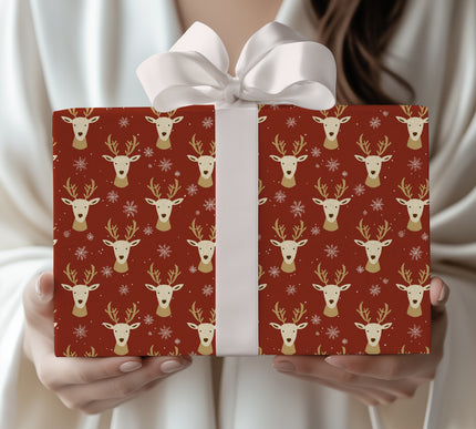 Crimson Antlers – Red Reindeer and Snowflakes Christmas Wrapping Paper