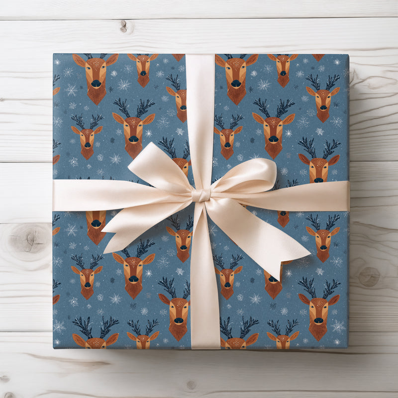 Frosthorn – Blue Reindeer Head and Snowflakes Holiday Wrapping Paper