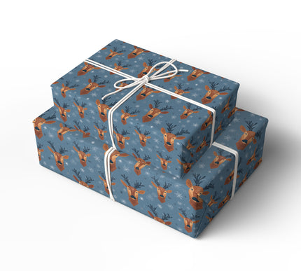 Frosthorn – Blue Reindeer Head and Snowflakes Holiday Wrapping Paper
