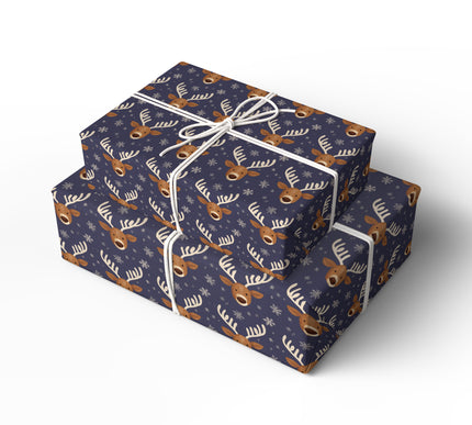 Midnight Stag – Dark Blue Reindeer and Snowflakes Christmas Wrapping Paper