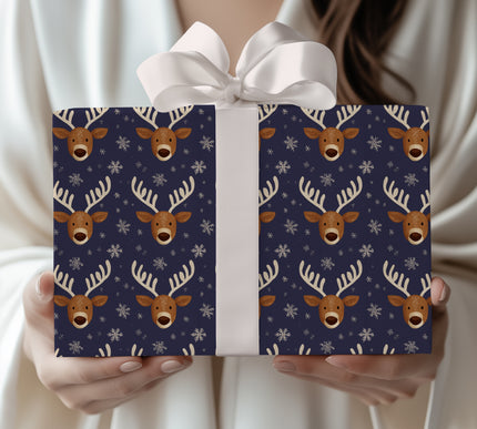 Midnight Stag – Dark Blue Reindeer and Snowflakes Christmas Wrapping Paper