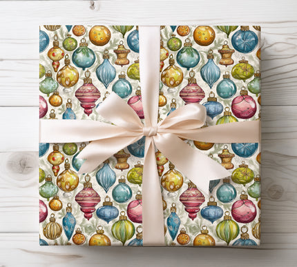 Add nostalgic charm with Yuletide Glow, a vintage bauble wrapping paper. Perfect for traditional holiday gifting and timeless Christmas décor. 