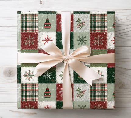 Celebrate festive coziness with PatchJoy, a wrapping paper featuring a colorful Christmas patchwork quilt design. Perfect for rustic, warm holiday gift presentations. 