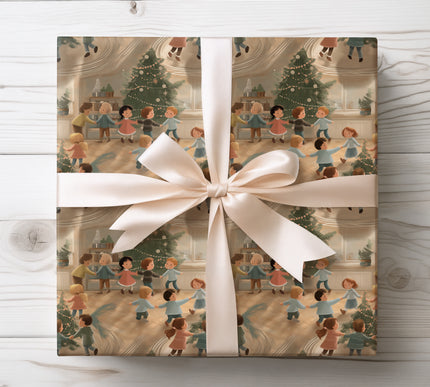 Capture joy with Merrydance, a nostalgic design of children dancing around the Christmas tree. A heartwarming wrap for traditional holiday celebrations. 