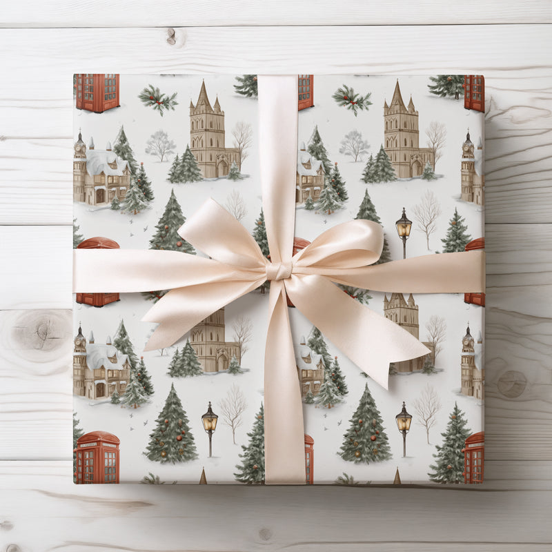 London Frostlight – Christmas Wrapping Paper with Vintage London Red Phone Box & Winter Scene