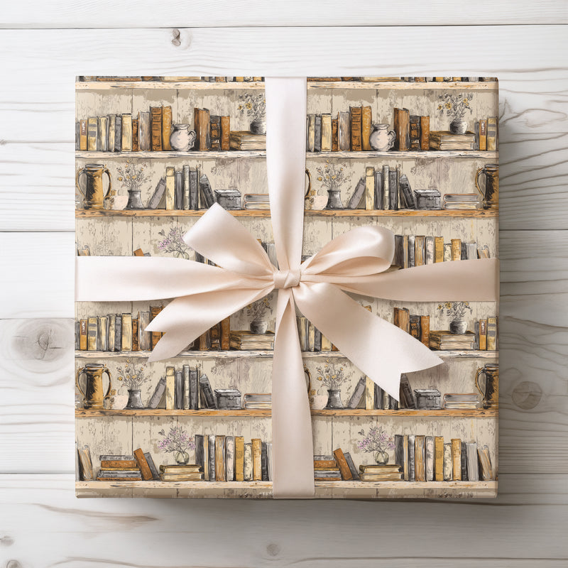 Dusty Tome – Vintage Bookshelf Wrapping Paper