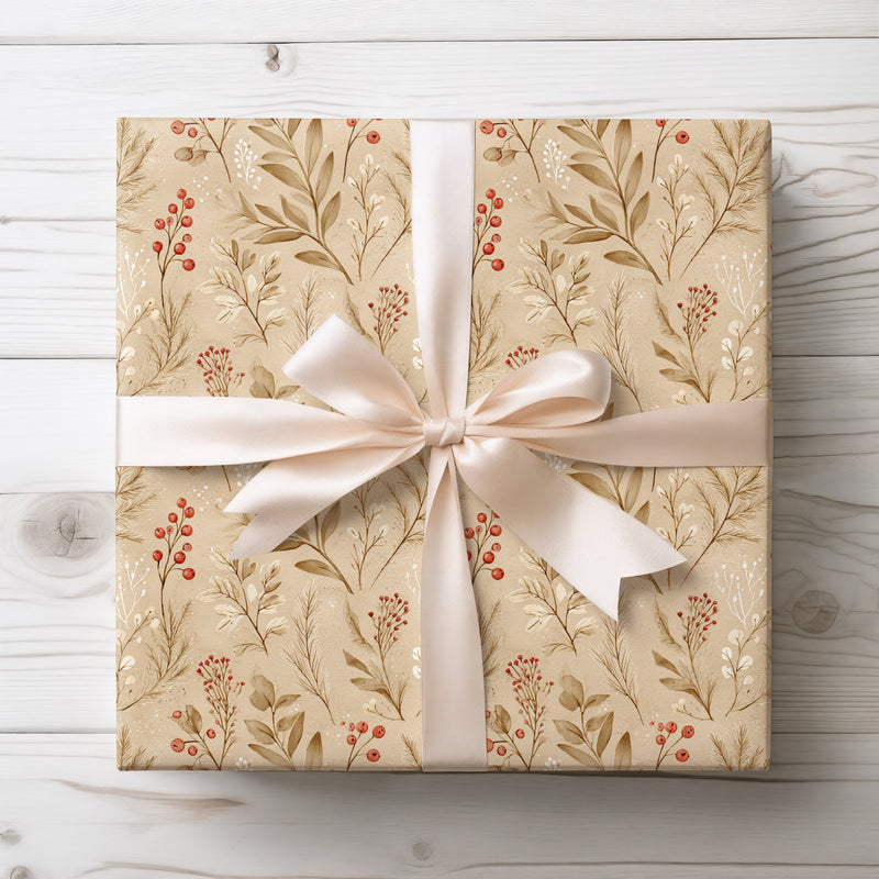 BerryWhisper – Rustic Red Berry and Pine Branch Wrapping Paper