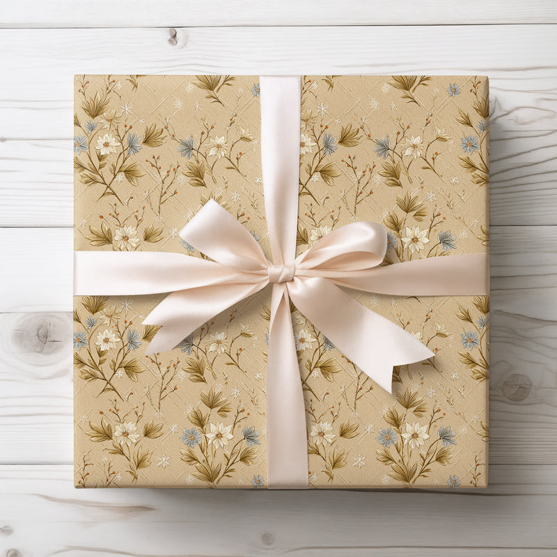 Golden Meadow – Rustic Beige Floral Christmas Wrapping Paper