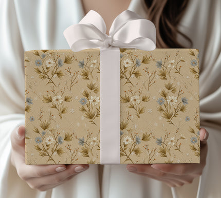 Golden Meadow – Rustic Beige Floral Christmas Wrapping Paper