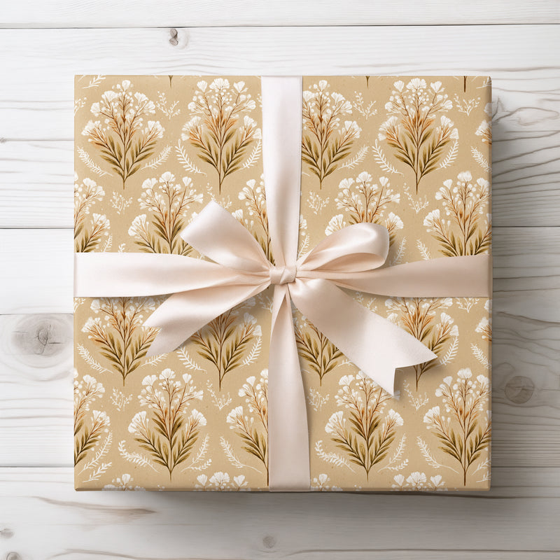 Ivory Fern Bloom – White Fern and Floral Bouquet Kraft Wrapping Paper