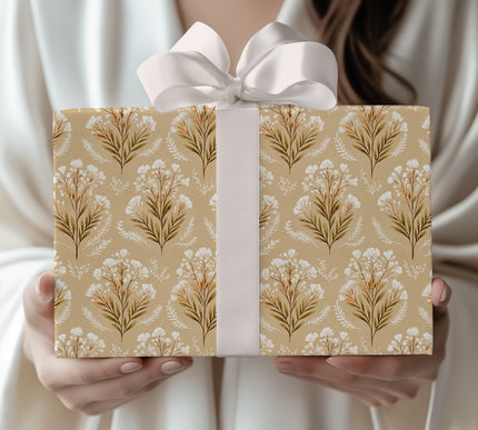 Ivory Fern Bloom – White Fern and Floral Bouquet Kraft Wrapping Paper