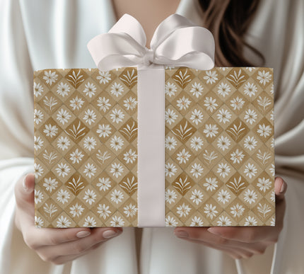 SnowPetal Lattice – Beige Craft Paper with White Floral Diamond Wrapping Paper