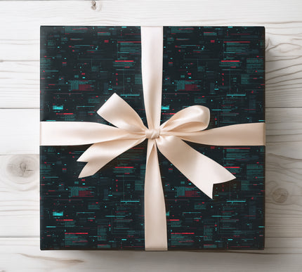 Bold and edgy, CodeGlitch brings a hacker console design to your wrapping paper. A perfect choice for gamers, tech enthusiasts, and futuristic gift-giving. 