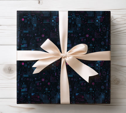 Celebrate innovation with Neon Circuitry, a glowing tech grid wrapping paper. Great for birthdays, geek gifts, and modern digital-themed celebrations. 