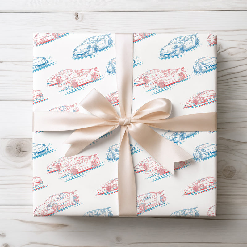Speedline – Red and Blue Sports Car Outline Pattern Wrapping Paper