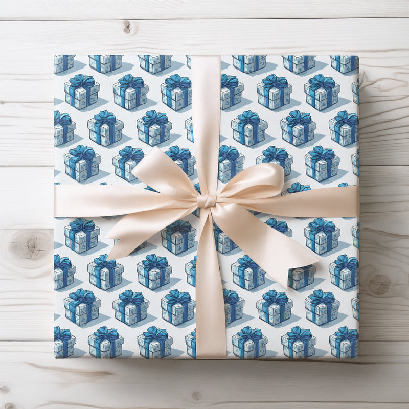 Frosted Blue – Star Pattern Blue Ribbon Birthday Wrapping Paper