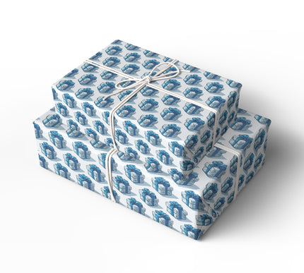 Frosted Blue – Star Pattern Blue Ribbon Birthday Wrapping Paper