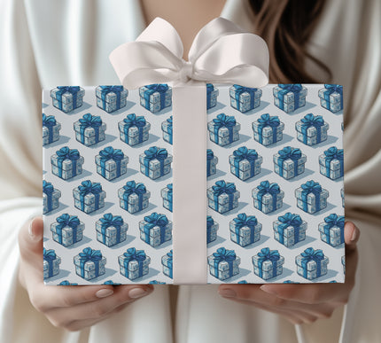 Frosted Blue – Star Pattern Blue Ribbon Birthday Wrapping Paper