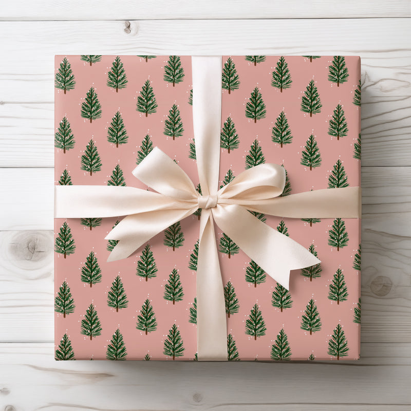 Snowy Blush Pines – Green Christmas Trees with Falling Snow Wrapping Paper
