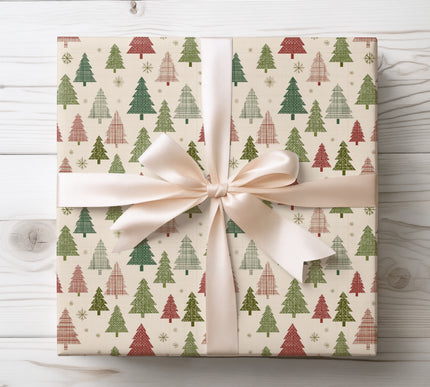 Celebrate Christmas tradition with PlaidPine, featuring red and green checkered Christmas trees. A timeless festive design ideal for wrapping family holiday presents with a warm, nostalgic feel. 