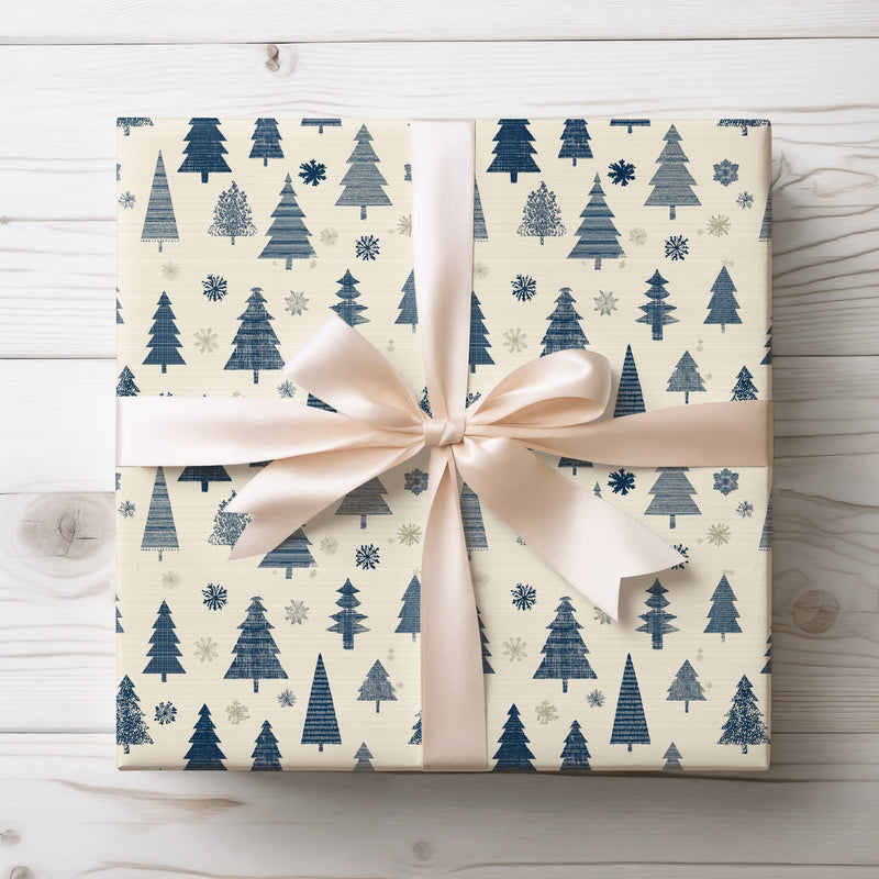 Frostpine Whispers – Blue Christmas Tree and Snowflake Wrapping Paper