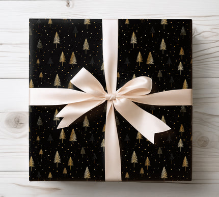 Chic black and gold Christmas tree wrapping paper with minimal modern design — perfect for luxury Christmas gifts and sophisticated holiday style. 